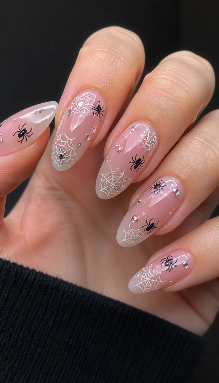 close-up shot of a woman’s hand with five fingers showing almond-shaped sheer pink nails with white spiderwebs, small spiders, and scattered rhinestones.
