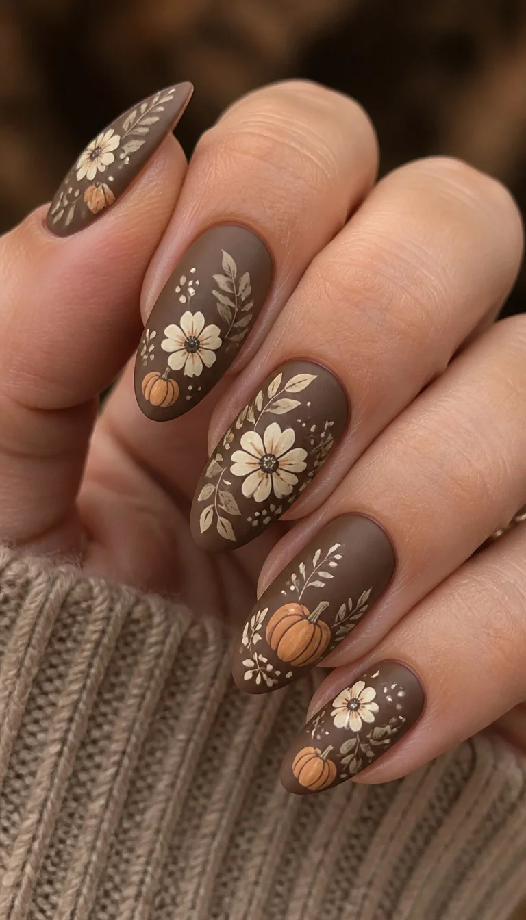 close-up shot of a woman’s hand with five fingers showing almond-shaped nails with a matte brown base, cream-colored flowers, leaves, and tiny pumpkins.