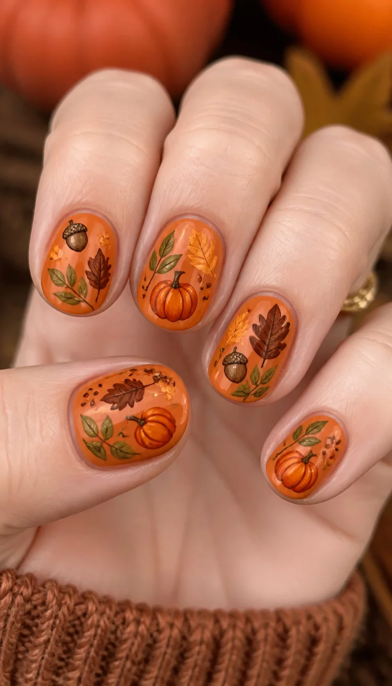 close-up shot of a woman’s hand with five fingers showing short oval nails with an orange base, leaves, acorns, and small pumpkins.