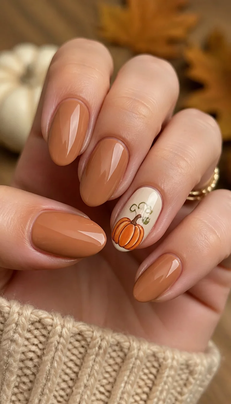 close-up shot of a woman’s hand with five fingers showing oval nails in glossy tan with one accent nail featuring a whimsical pumpkin design.