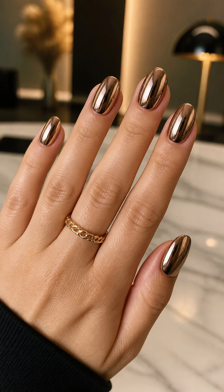 close-up shot of a woman’s hand with five fingers showing oval nails with a highly reflective metallic bronze finish, polished indoor background.