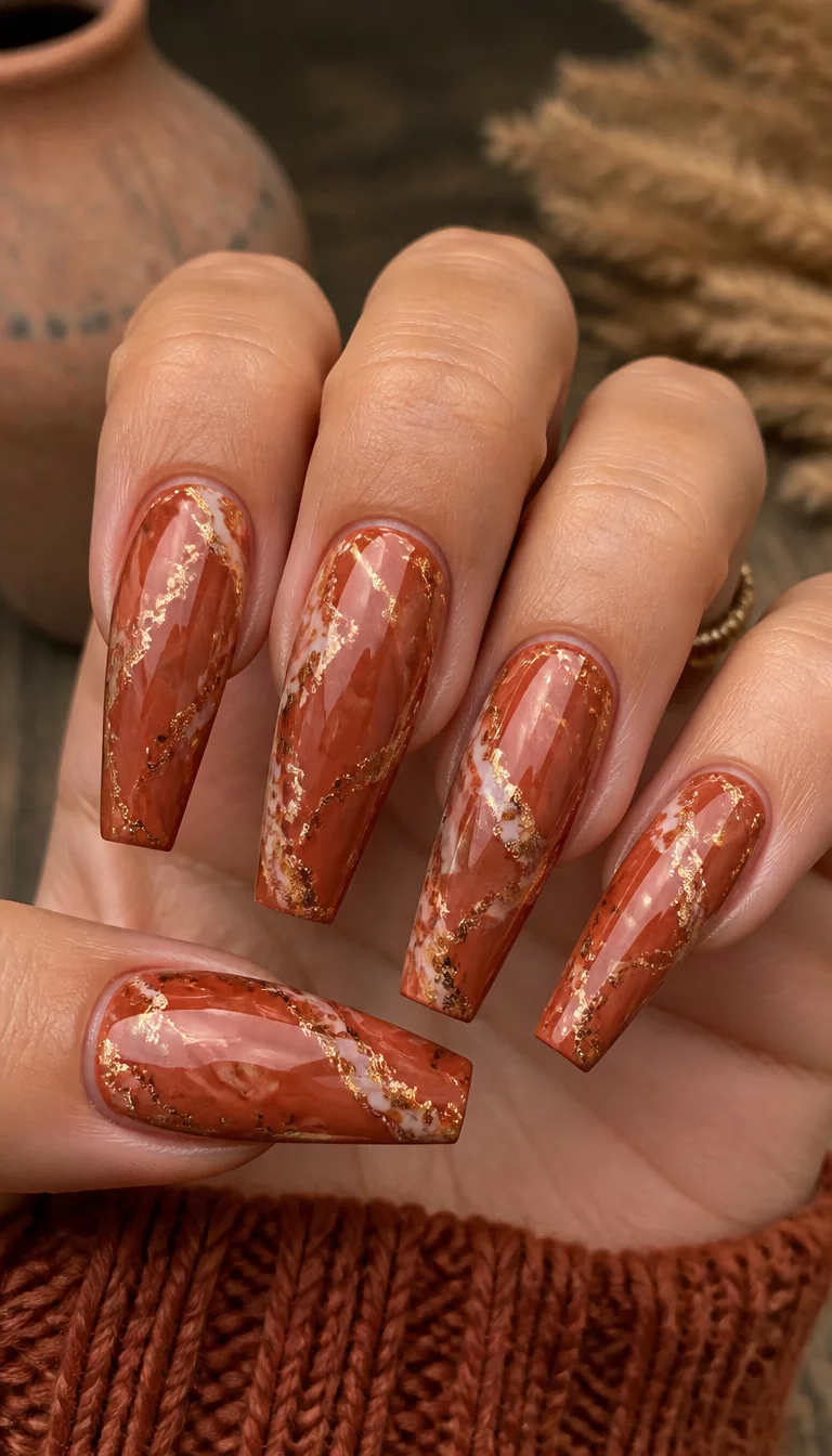 close-up shot of a woman’s hand with five fingers showing coffin-shaped nails in a rustic terracotta hue with marble patterns and gold leaf accents.