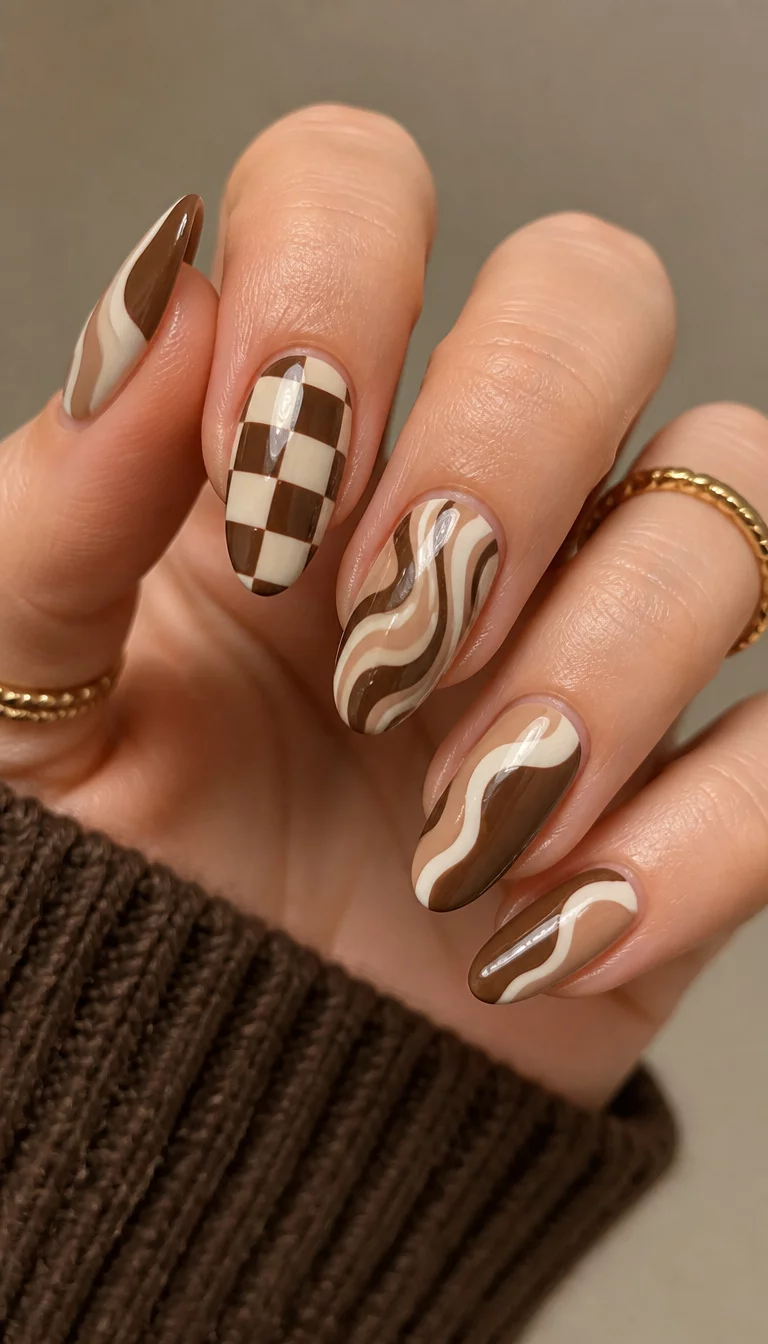 close-up shot of a woman’s hand with five fingers showing almond-shaped nails with abstract swirls and checks in shades of brown, cream, and white.