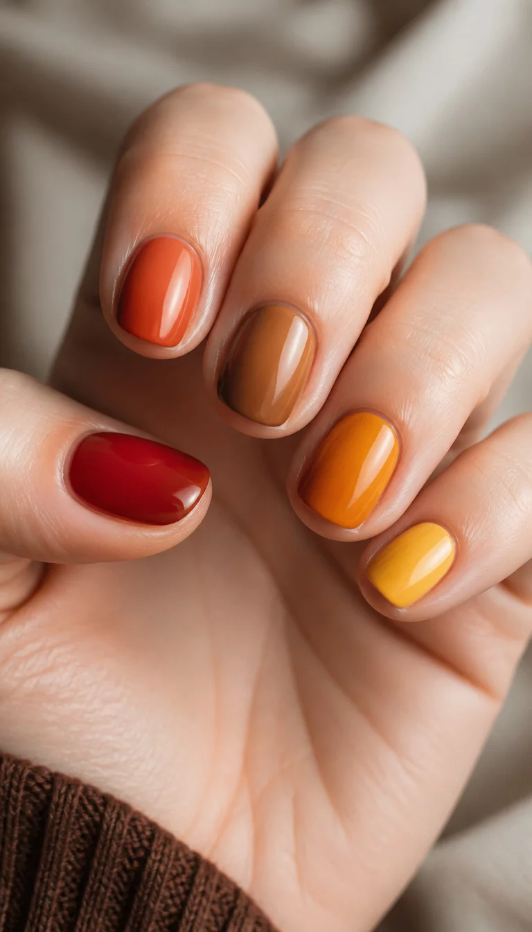 close-up shot of a woman’s hand with five fingers showing short squoval nails with a gradient of red, orange, brown, and yellow.