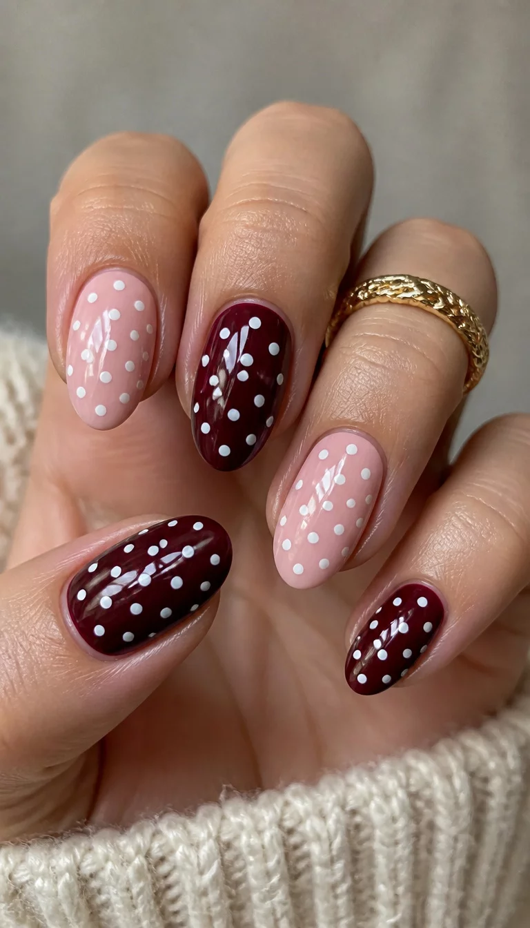 close-up shot of a woman’s hand with five fingers showing oval shaped nails with a light pink base and a dark maroon base both adorned with white polka dots, a textured gold ring is visible.