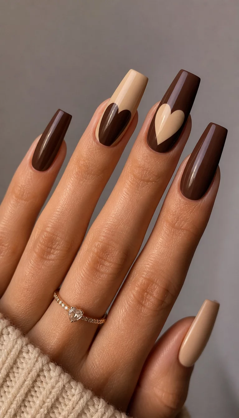 close-up shot of a woman’s hand with five fingers showing long coffin shaped nails in deep brown and beige where some nails feature a heart design formed by the colors, a delicate ring on one finger.