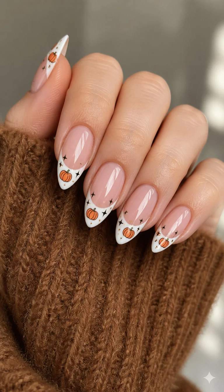 close-up shot of a woman’s hand with five fingers showing pointed almond shaped nails with a French tip featuring pumpkin designs and small stars, hand wearing a brown fuzzy sweater.