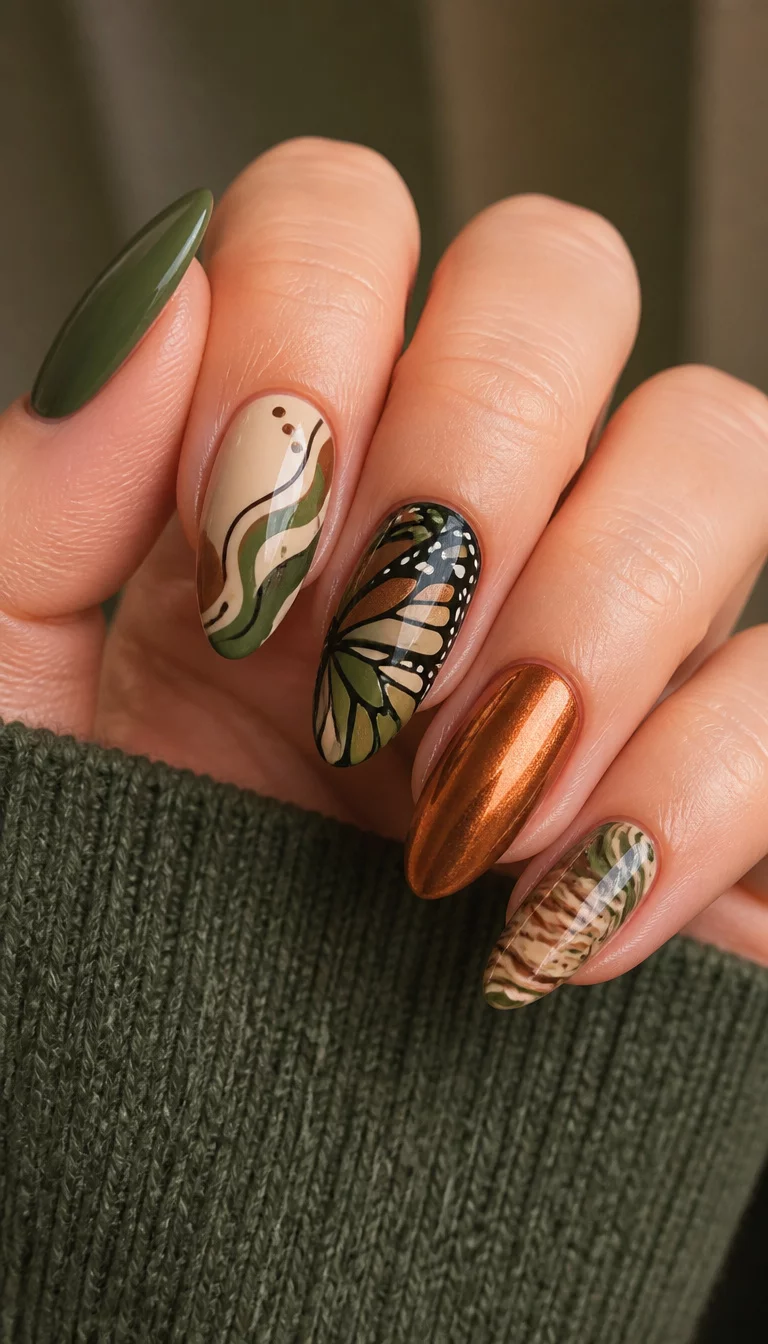 close-up shot of a woman’s hand with five fingers showing almond shaped nails with green and abstract brown designs including a butterfly wing and a metallic orange accent nail, hand wearing a sweater.