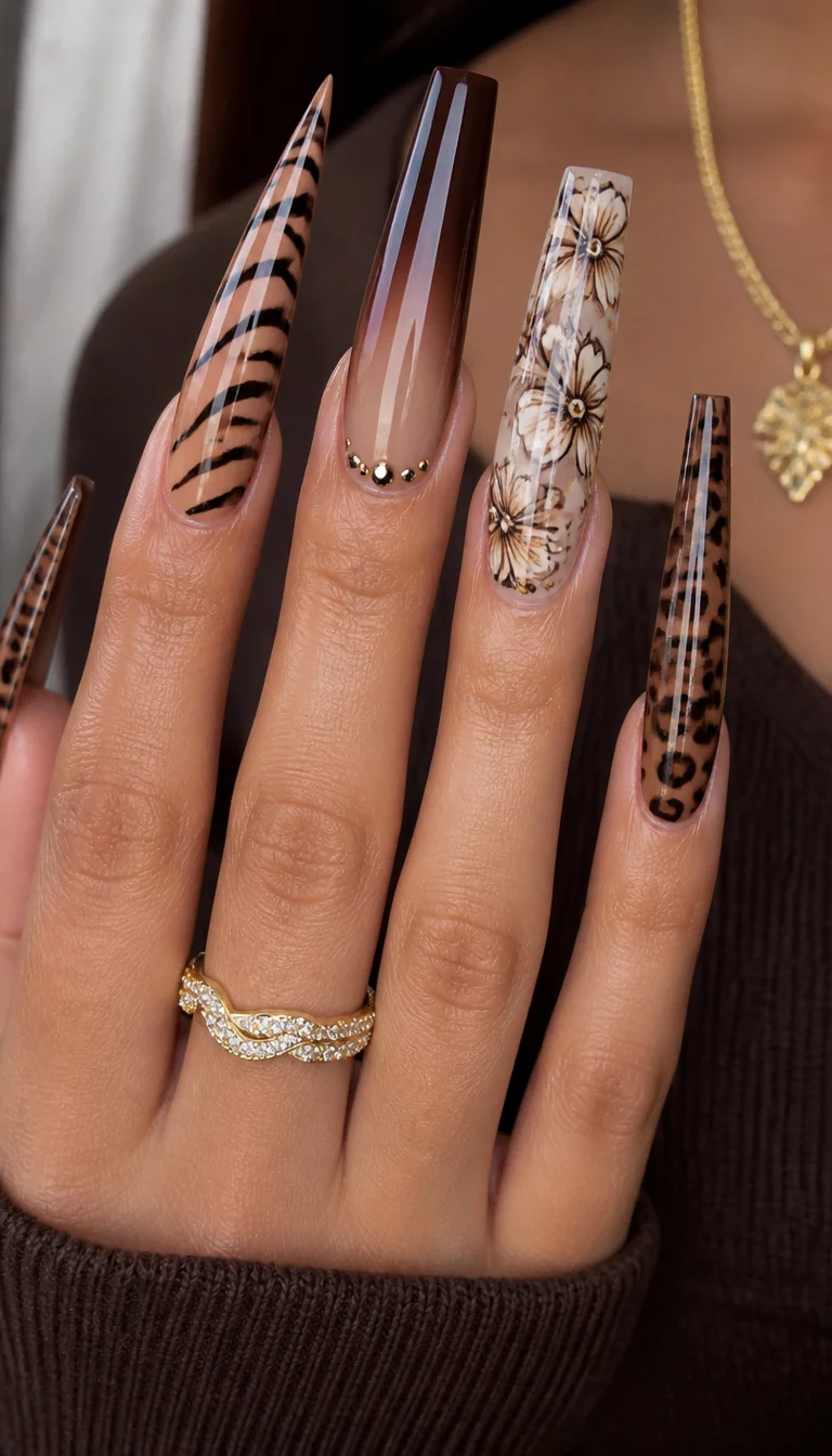 close-up shot of a woman’s hand with five fingers showing extra long stiletto and coffin shaped nails with leopard print zebra print floral accents and ombre brown, a gold ring and necklace visible.