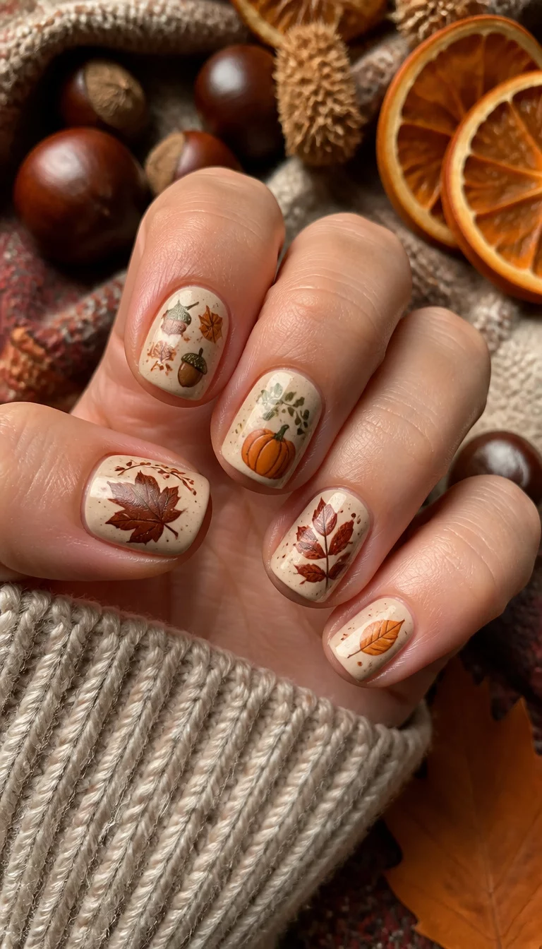 close-up shot of a woman’s hand with five fingers showing short square shaped nails with an autumnal theme featuring leaf prints acorns and pumpkins, background shows chestnuts dried orange slices and a cozy blanket.