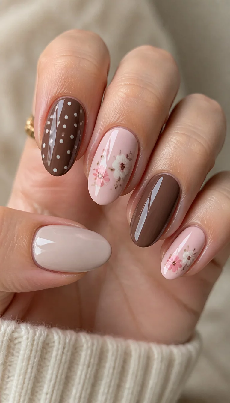 close-up shot of a woman’s hand with five fingers showing a variety of three nail looks with neutral oval nails and brown oval nails with white polka dots and light pink oval nails with floral designs.