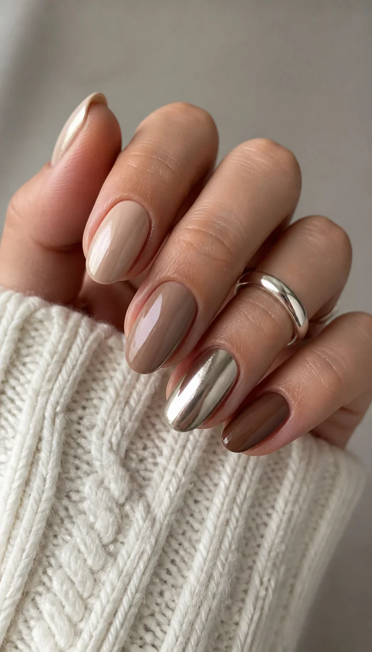 close-up shot of a woman’s hand with five fingers showing oval shaped nails in soft neutral tones like beige pearl and brown with one metallic silver nail, a white cable knit sweater and a silver ring are visible.
