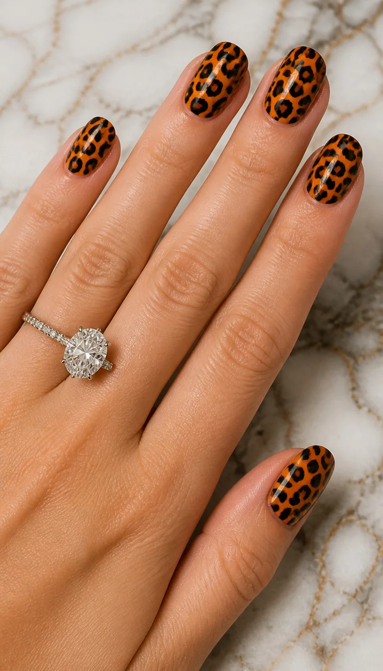 close-up shot of a woman’s hand with five fingers showing oval shaped nails with a vibrant orange and black leopard print design, marble surface background with a diamond ring.