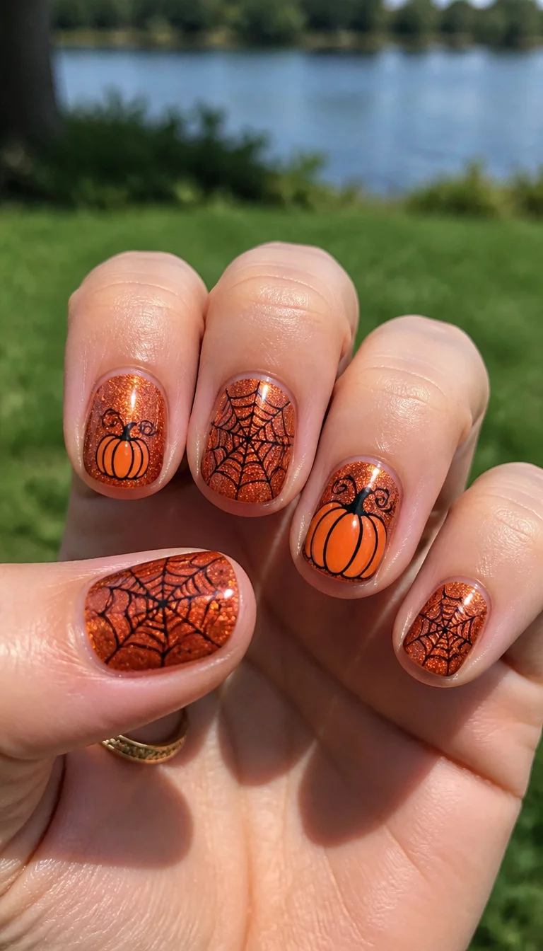 close-up shot of a woman’s hand with five fingers showing short oval nails featuring a glittery orange polish with pumpkin designs and spiderweb accents, blurred green grass and water in the background.