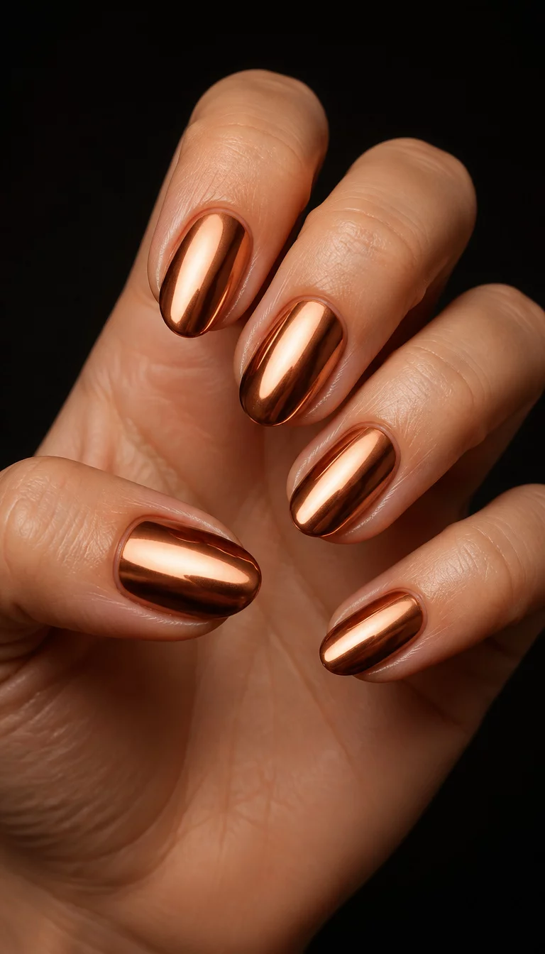 close-up shot of a woman’s hand with five fingers showing oval shaped nails with a metallic copper chrome finish, dark and plain background.