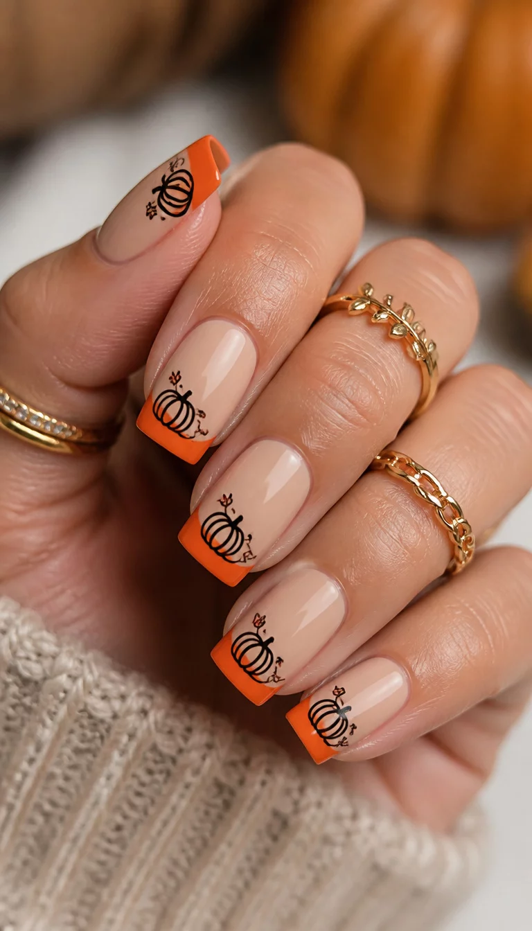 close-up shot of a woman’s hand with five fingers showing square shaped nails with a neutral sand base and an orange French tip featuring a black pumpkin design, gold rings on the fingers.