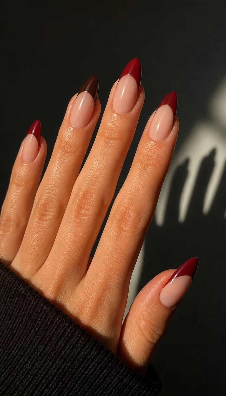 close-up shot of a woman’s hand with five fingers showing long pointed almond shaped nails with a French tip in deep red and brown, dark background with sunlight casting a shadow of the hand.
