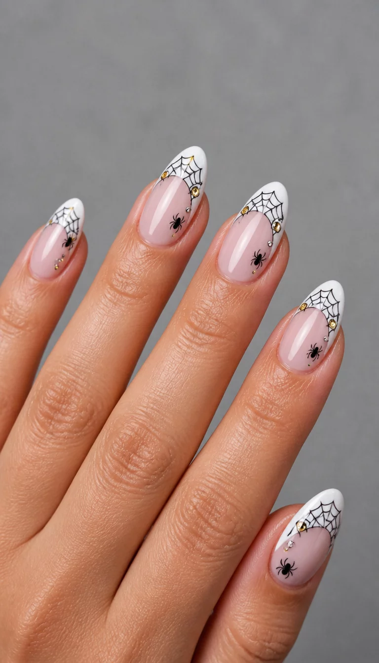 close-up shot of a woman’s hand with five fingers showing almond shaped nails with a light pink base and a white French tip adorned with spiderwebs tiny spiders and yellow gems, a plain gray surface in the background.
