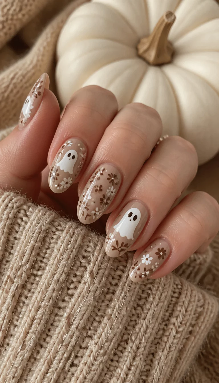close-up shot of a woman’s hand with five fingers showing almond shaped nails with a tan base featuring small ghost and floral designs in white and brown, a white pumpkin and a cozy sweater in the background.