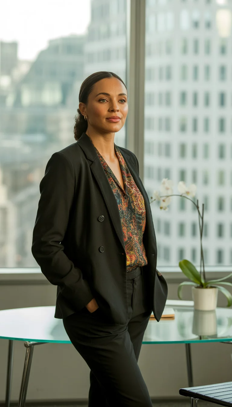 A beautiful 36-year-old woman in a black blazer, brightly patterned floral blouse, and black pants, she stands near a large office window.