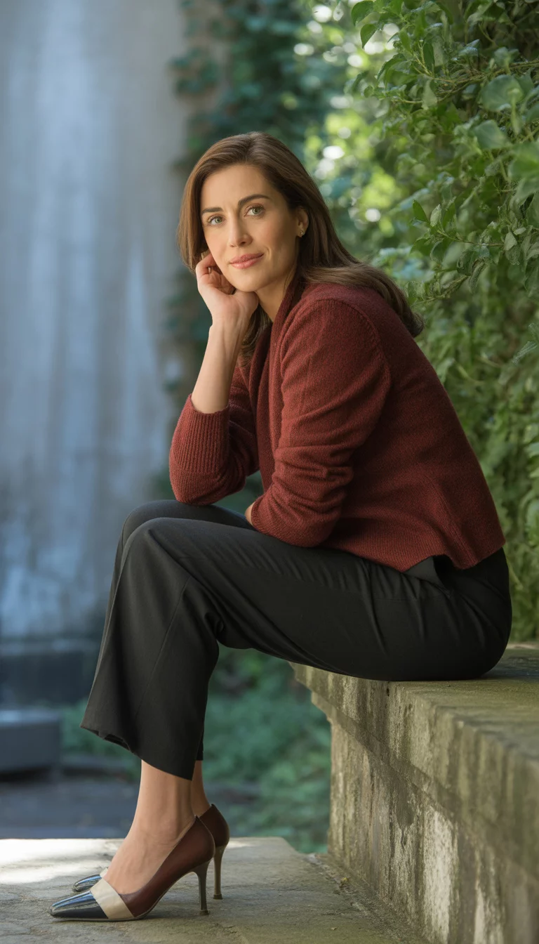 A beautiful 32-year-old woman in a maroon sweater, black pants, and two-toned heels, she sits on a stone ledge outdoors.