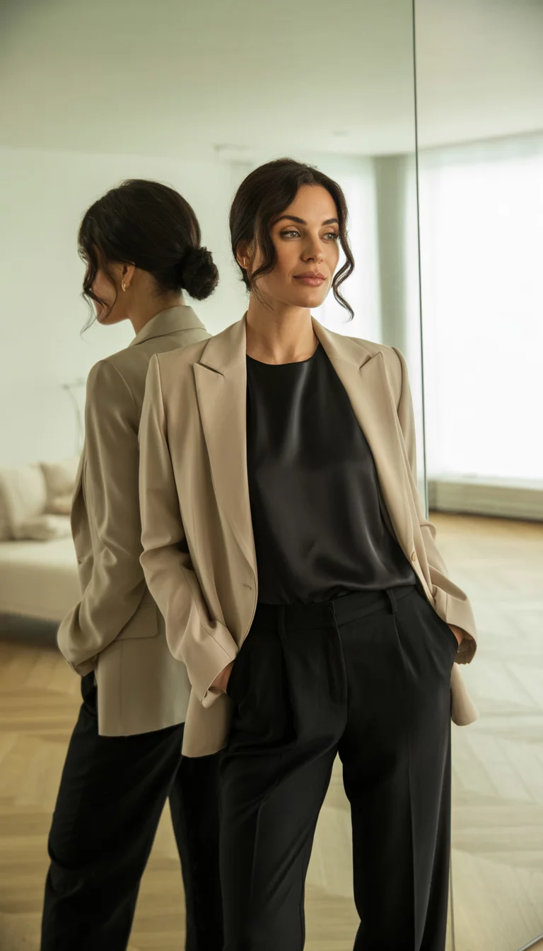 A beautiful 35-year-old woman in a beige blazer, black top, and black pants, she takes a mirror selfie in a well-lit room with wood floors.