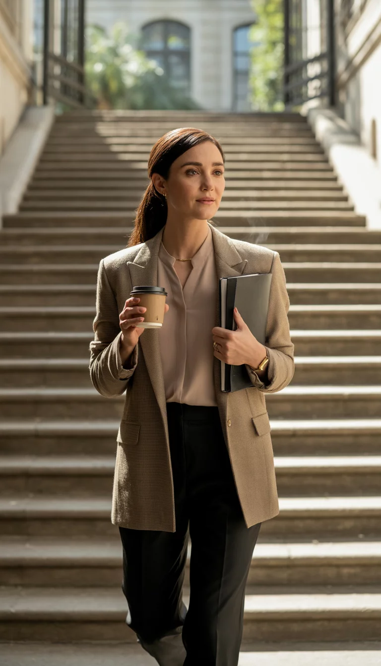 A beautiful 31-year-old woman in a tan blazer, beige top, and black pants, she walks down steps holding a coffee cup and a black notebook.