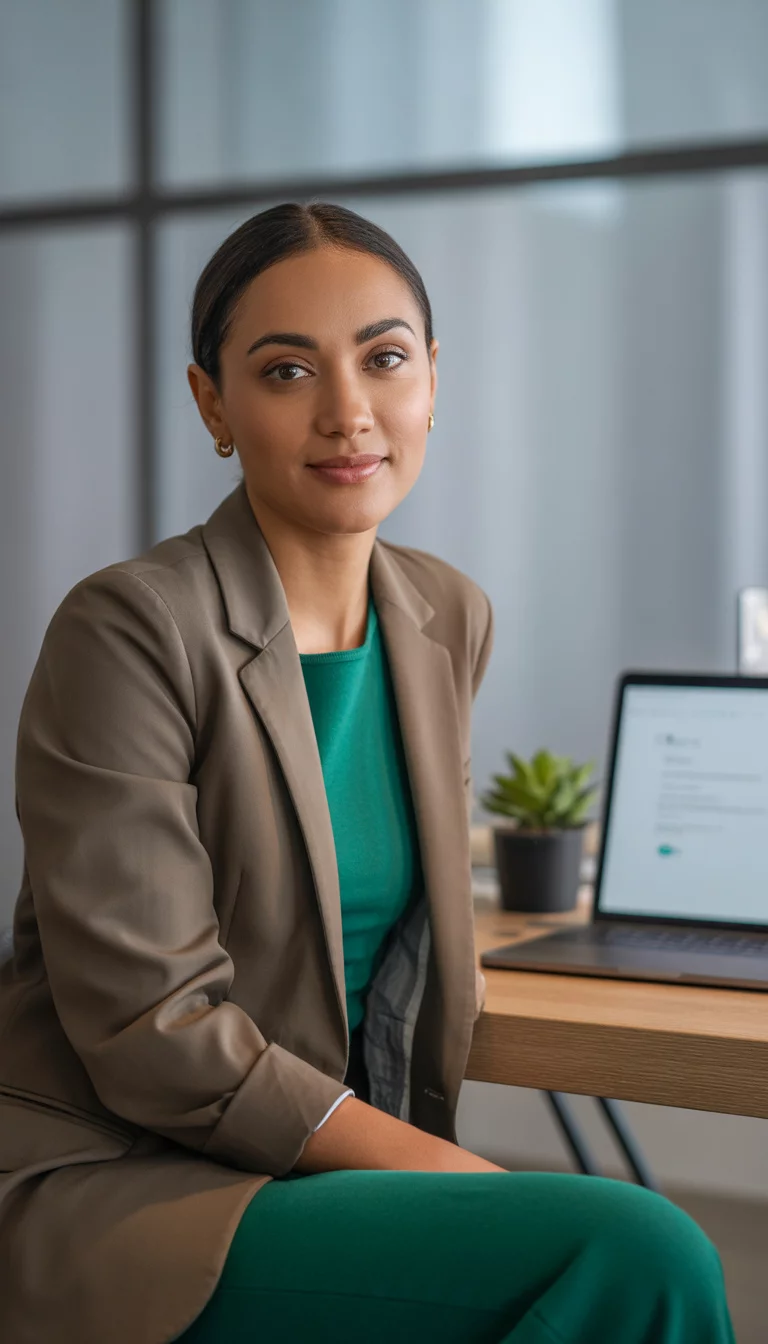 A beautiful 31-year-old woman in a brown blazer and green top, she sits at a desk with a laptop and smiles confidently.