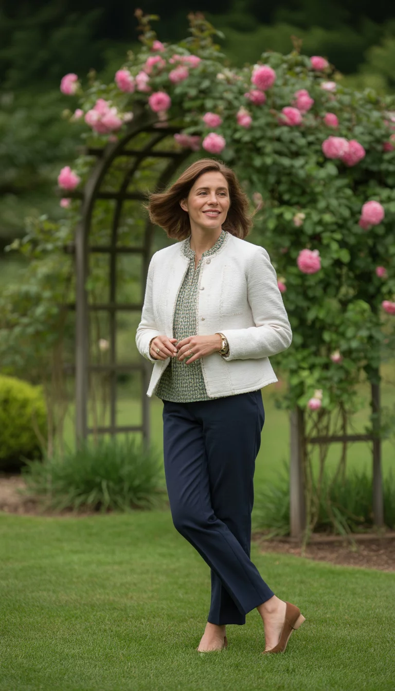 A beautiful 45-year-old woman in a white tweed jacket, patterned green blouse, navy pants, and brown flats, she poses outdoors.