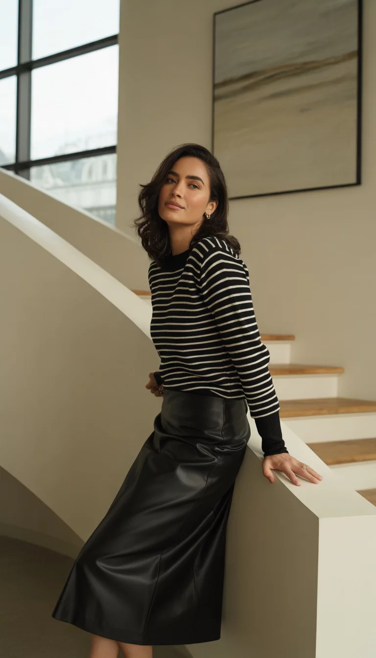 A beautiful 30-year-old woman in a black and white striped sweater and a black faux leather midi skirt, she poses in a stylish home with a staircase.