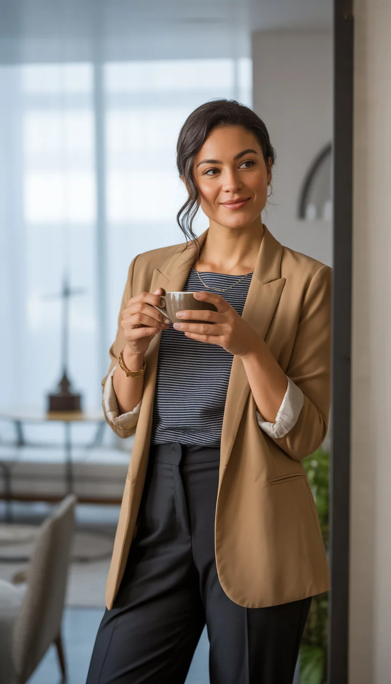 A beautiful 34-year-old woman in a tan blazer, navy and white striped top, and black pants, she holds a coffee cup while taking a mirror selfie.