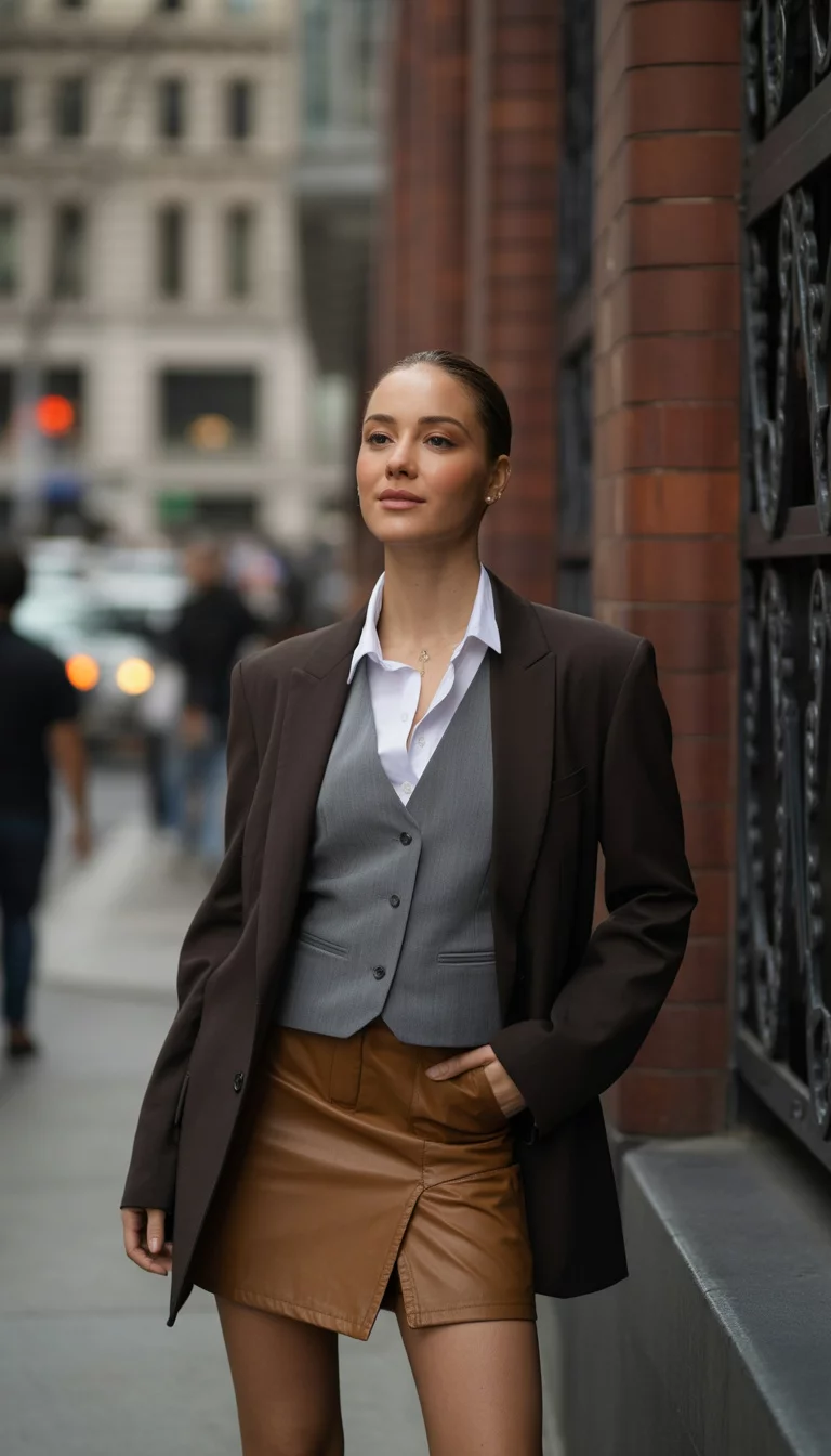 A beautiful 26-year-old woman in a brown blazer, white shirt, grey v-neck vest, and brown mini-skirt, she stands on a city street.
