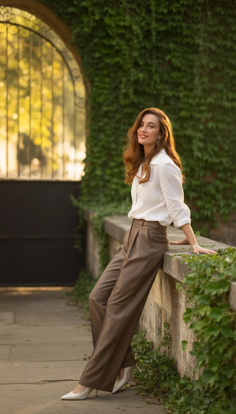 A beautiful 33-year-old woman in a white shirt, brown wide-leg pants, and white heels, she leans against a textured stone wall.