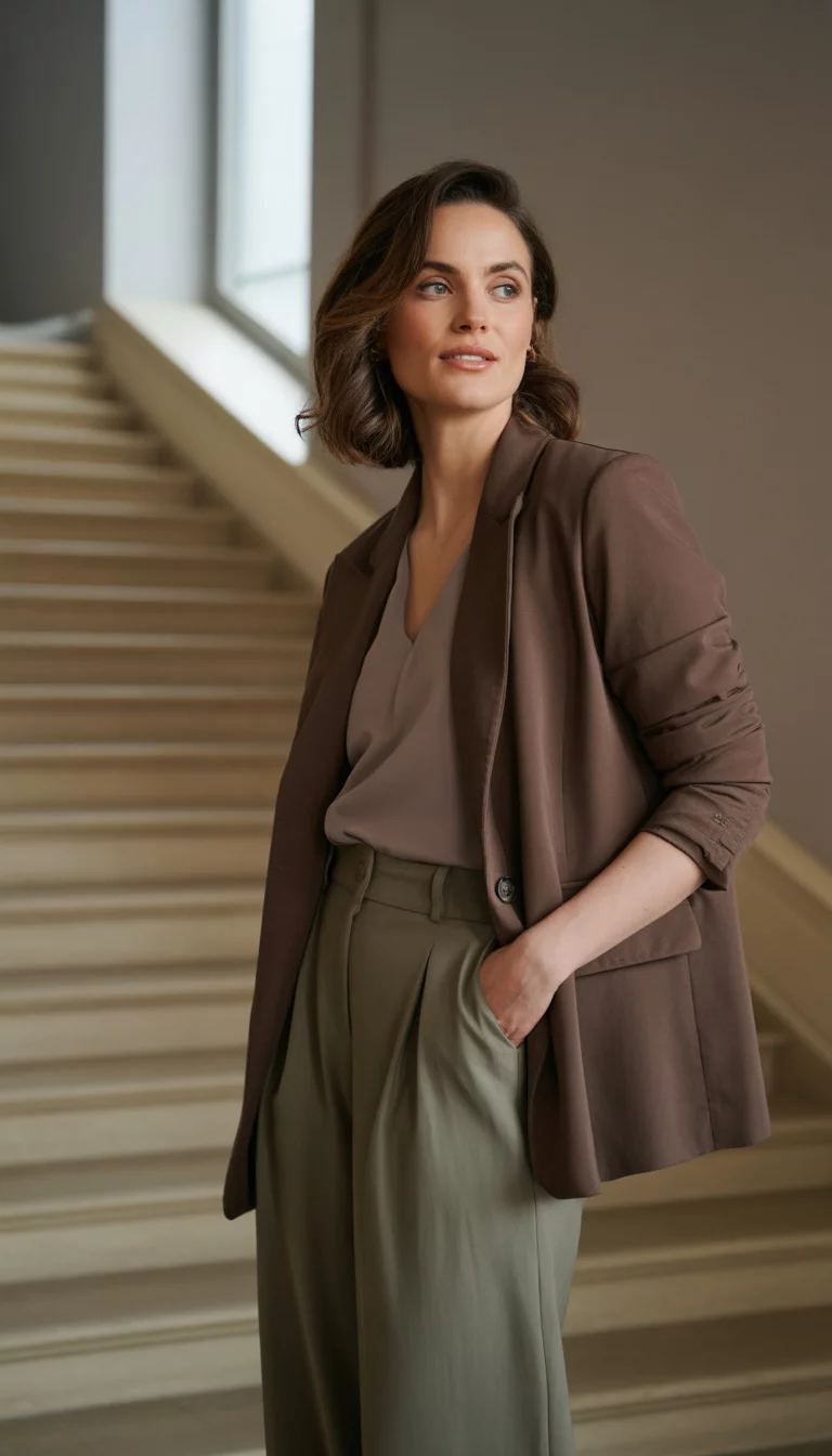 A beautiful 38-year-old woman in a brown blazer, taupe top, and olive green wide-leg pants, she poses indoors near stairs.