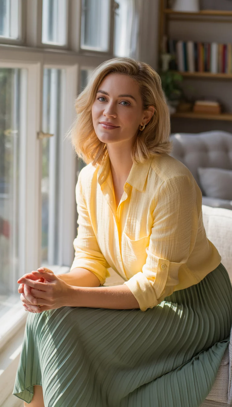 A beautiful 37-year-old blonde woman in a yellow button-down shirt and a green pleated midi skirt, she sits by a window.