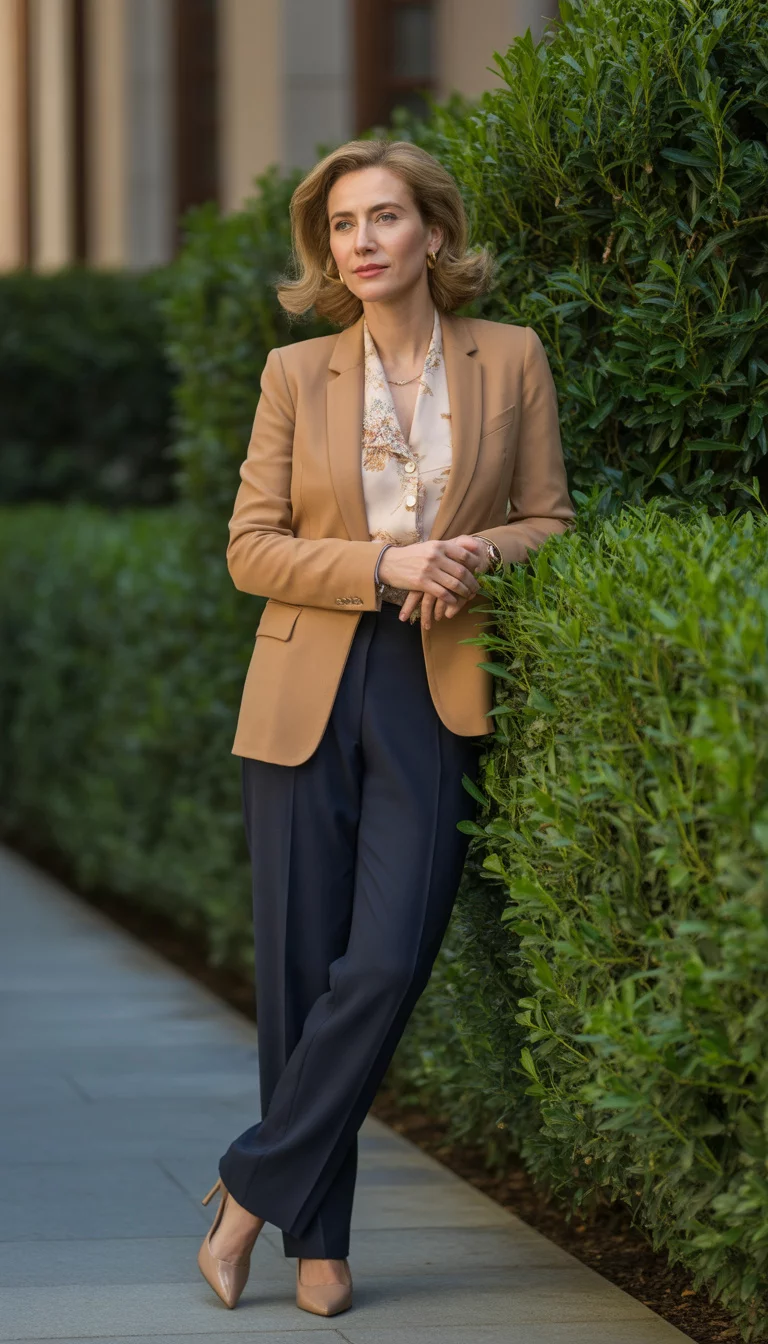 A beautiful 42-year-old woman in a camel blazer, floral blouse, navy pants, and nude heels, she stands in front of a green hedge wall.