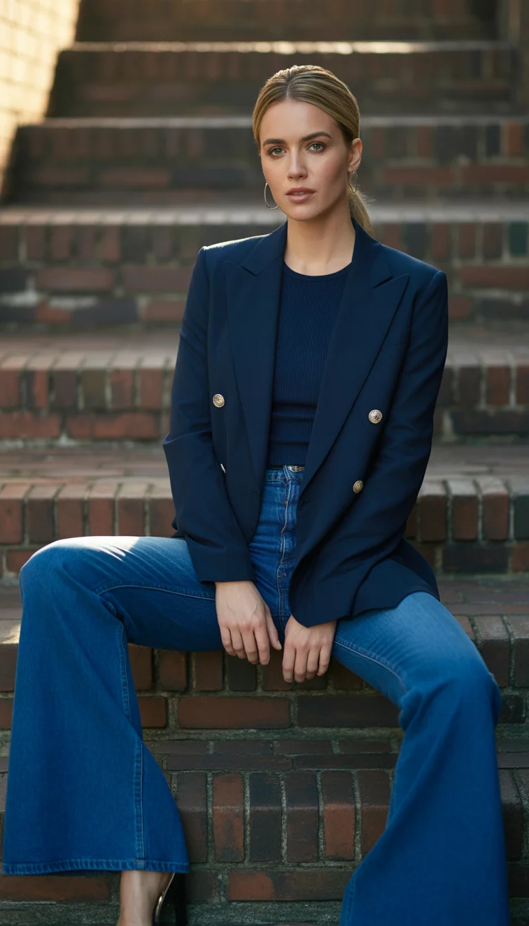 A beautiful 29-year-old woman in a navy double-breasted blazer, dark blue ribbed top, and denim flares, she poses on brick steps.