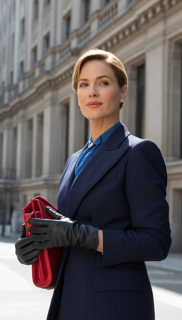 A beautiful 40-year-old woman in a pinstripe navy suit, blue striped blouse, and black leather gloves, she holds a red handbag outside a building.