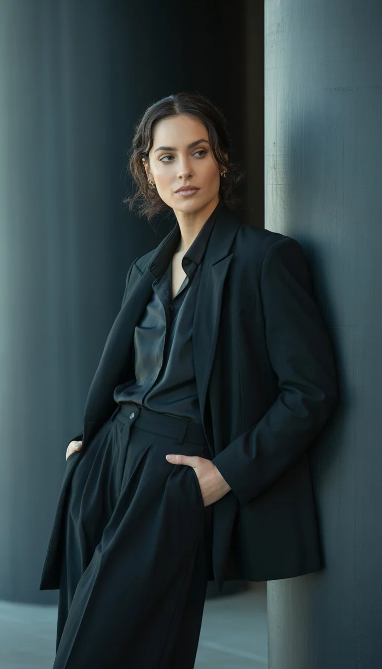 A beautiful 28-year-old woman in a black oversized blazer, black collared shirt, and black wide-leg pants, she stands against a textured wall.