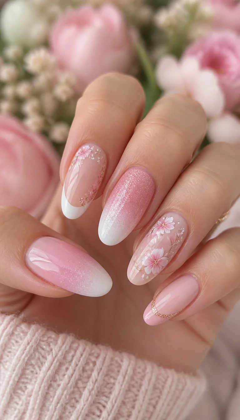Delicate Floral Pink Accents close-up shot of a woman’s hand with five fingers showing various ombre and gradient designs with floral accents, French tips, and delicate pink hues, soft floral background.