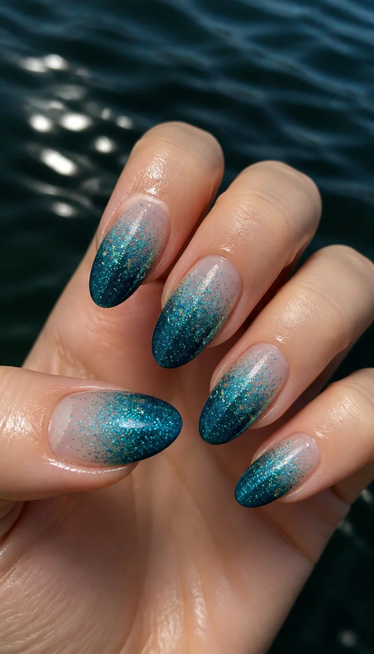 Sparkly Teal Gradient Tips close-up shot of a woman’s hand with five fingers showing almond and oval shaped nails with a gradient from clear to deep sparkly teal and glitter accents, dark water background.