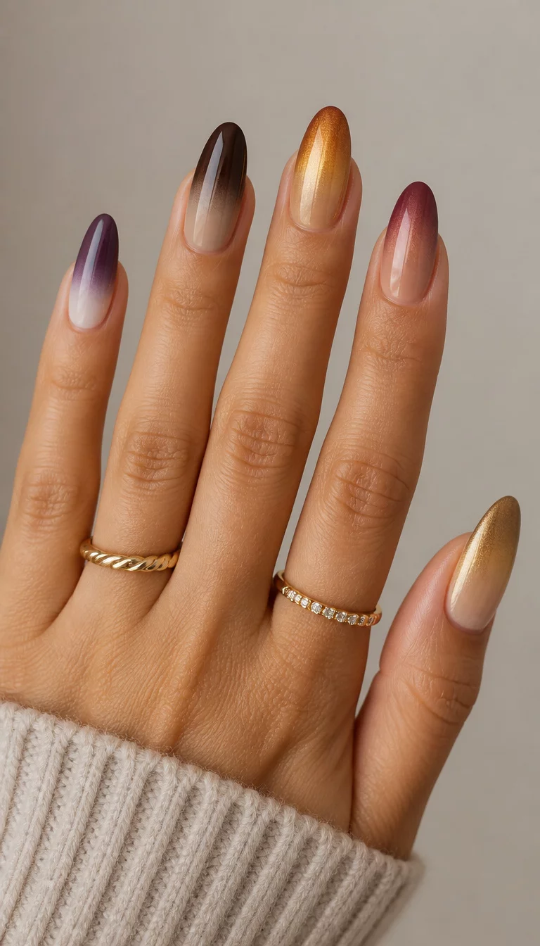 The Ultimate Autumn Buffet close-up shot of a woman’s hand with five fingers showing various fall ombre styles including purple to white, dark chocolate to beige, and gold to sand, simple neutral background.