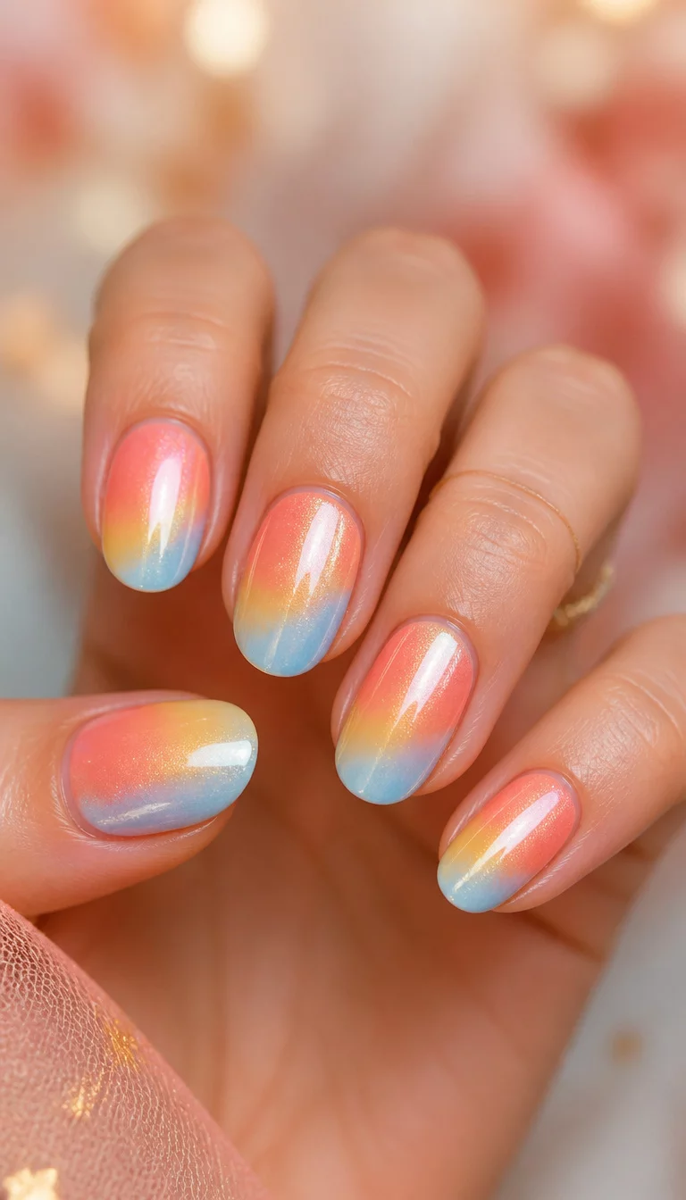 Vibrant Multi Colored Pearlescence close-up shot of a woman’s hand with five fingers showing oval nails with a vibrant ombre design blending coral, yellow, and pale blue with a pearlescent finish, dreamy soft focus background.