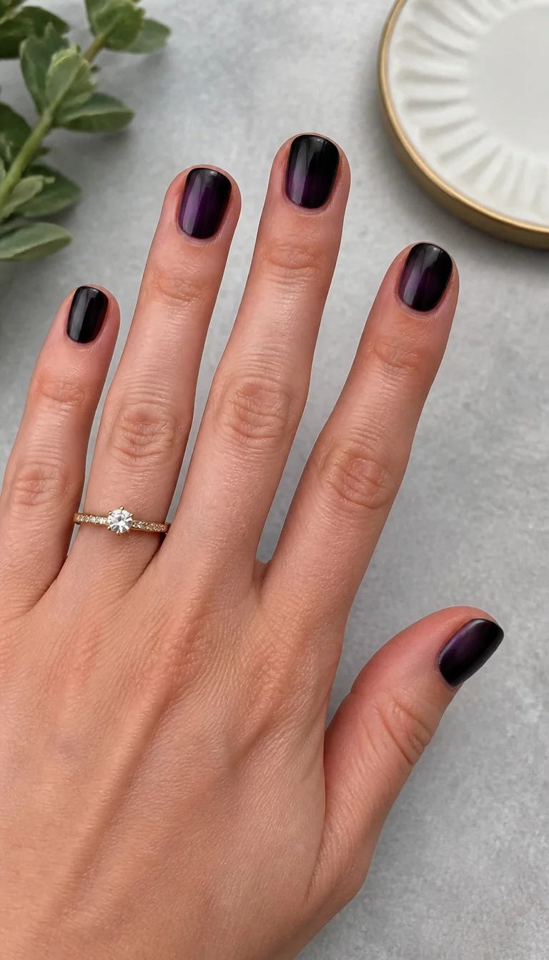 Dark Purple Gel Strip Gradient close-up shot of a woman’s hand with five fingers showing short dark purple to black ombre gel nails, realistic home manicure look, simple flat lay background.