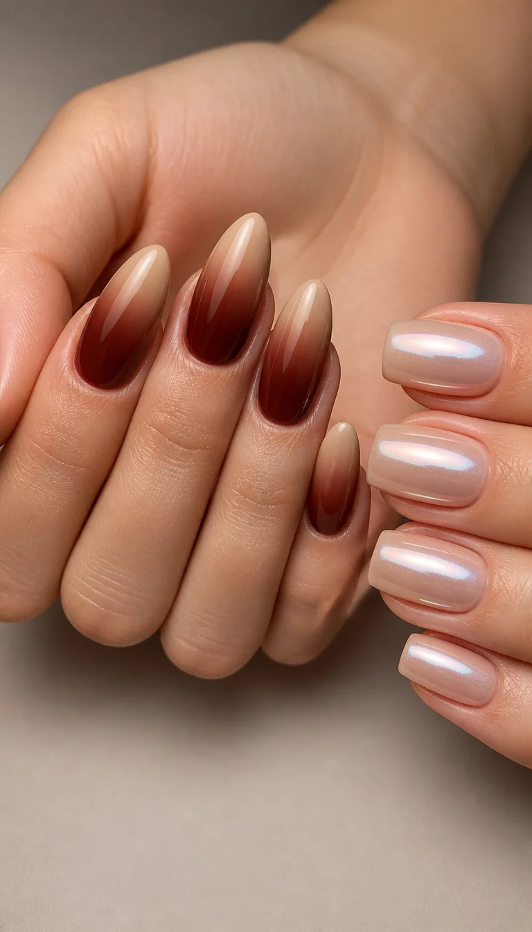 Dual Finish Earthy Gradients close-up shot of a woman’s hand with five fingers showing almond shaped nails with a reddish brown to beige gradient beside square shaped nails with a pearlescent highlight, soft studio lighting.