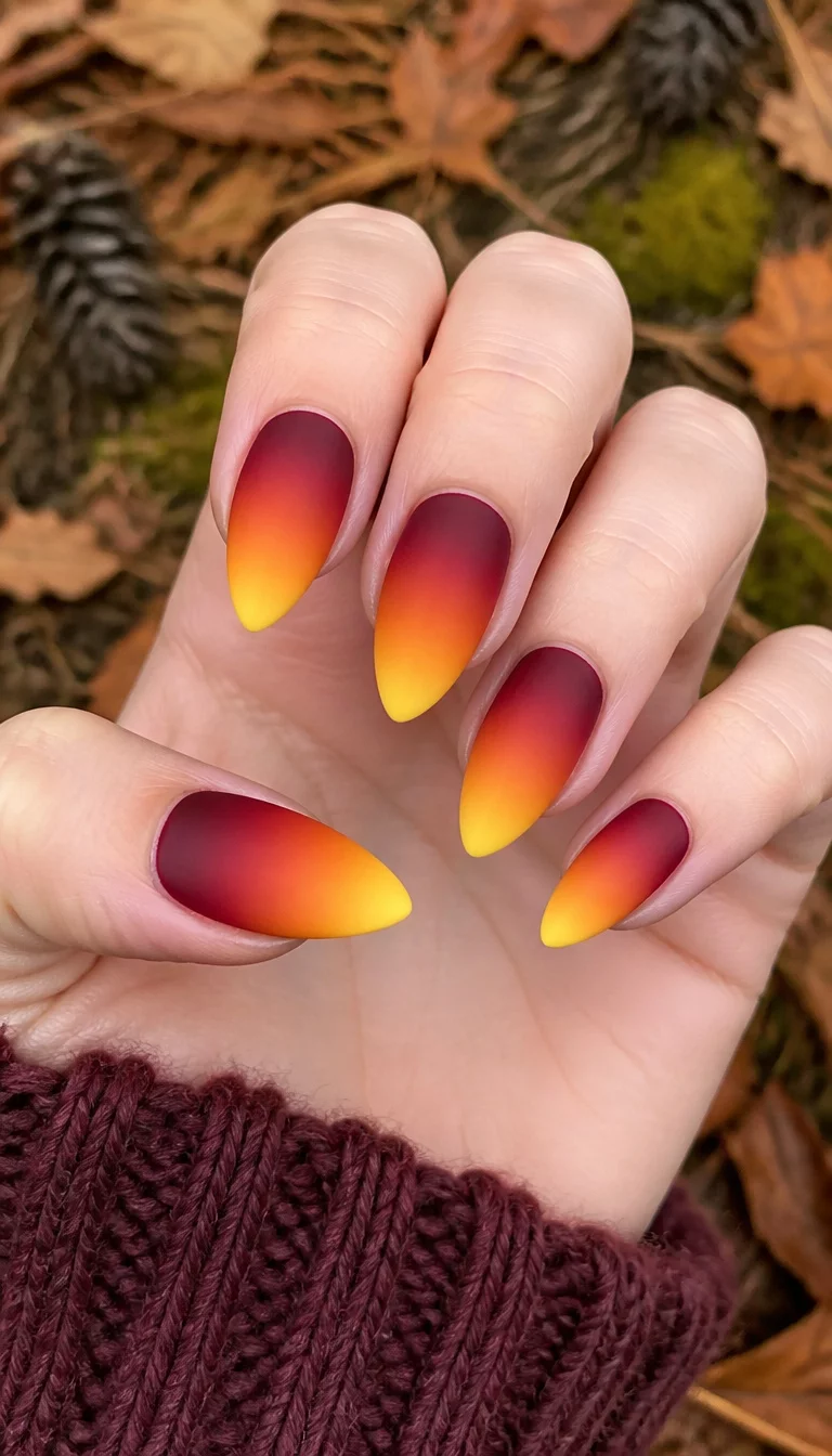 Burgundy To Yellow Sunset close-up shot of a woman’s hand with five fingers showing matte almond shaped nails with a striking ombre gradient from deep burgundy to bright yellow, forest floor background.
