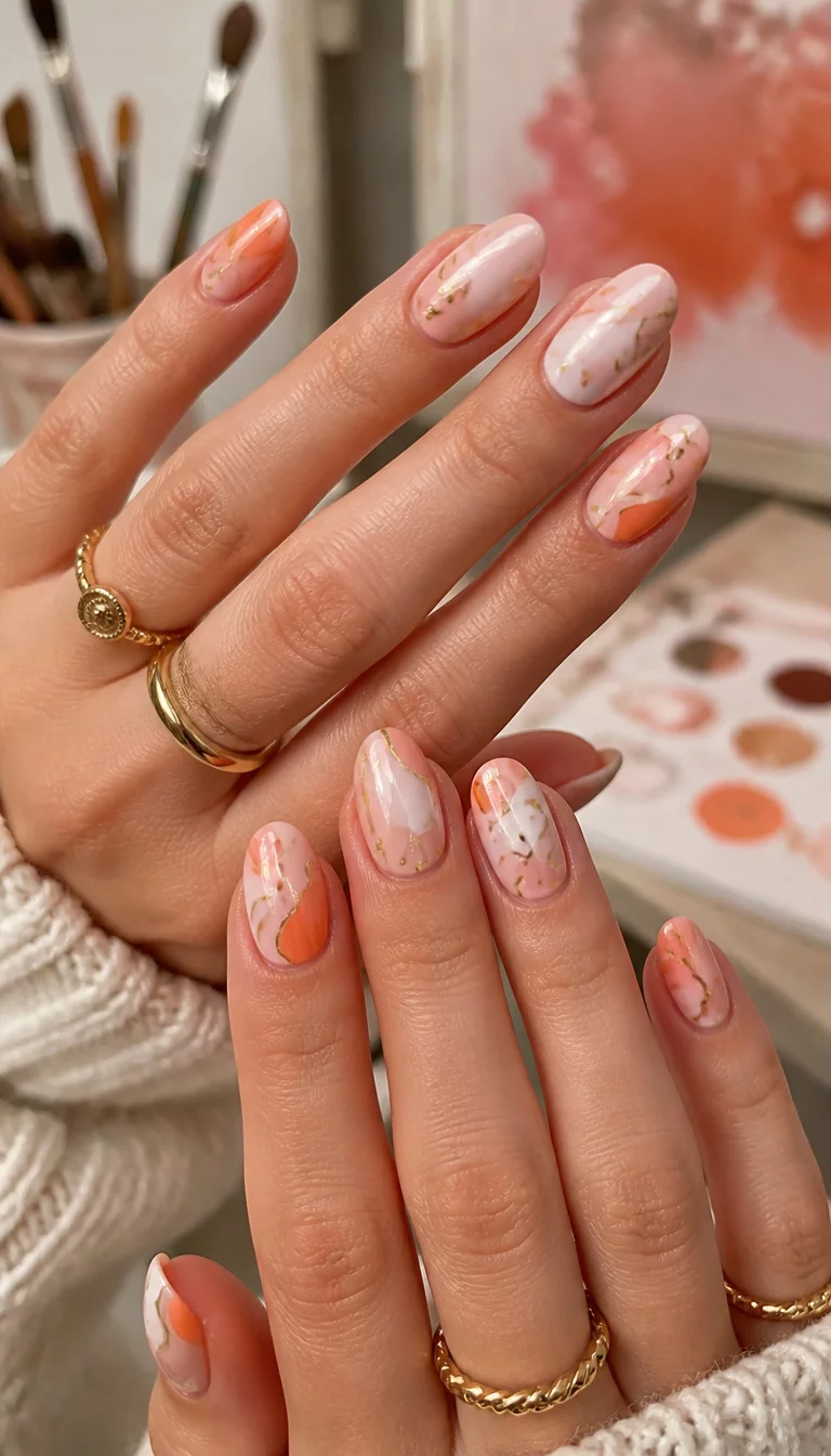 Abstract Peach Gold Detailed Art close-up shot of a woman’s hands with five fingers showing oval nails with abstract patterns in peach, orange, and white with gold accents, artistic studio background.