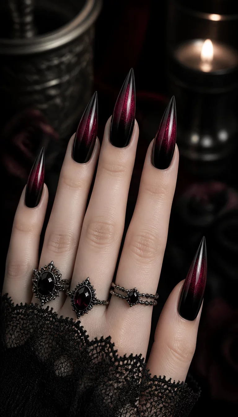Black To Shimmering Burgundy Sharpness close-up shot of a woman’s hand with five fingers showing sharp stiletto nails with an ombre design transitioning from black to deep shimmering burgundy, gothic glam background.