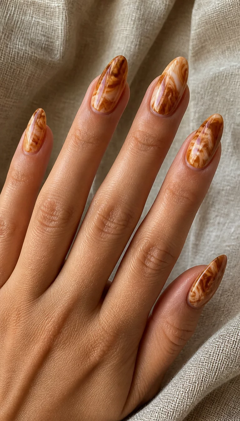 Amber Marble Almond Elegance close-up shot of a woman’s hand with five fingers showing almond shaped gel nails with a marbled effect of swirling cream, caramel, and deep amber shades, set against a textured linen background.