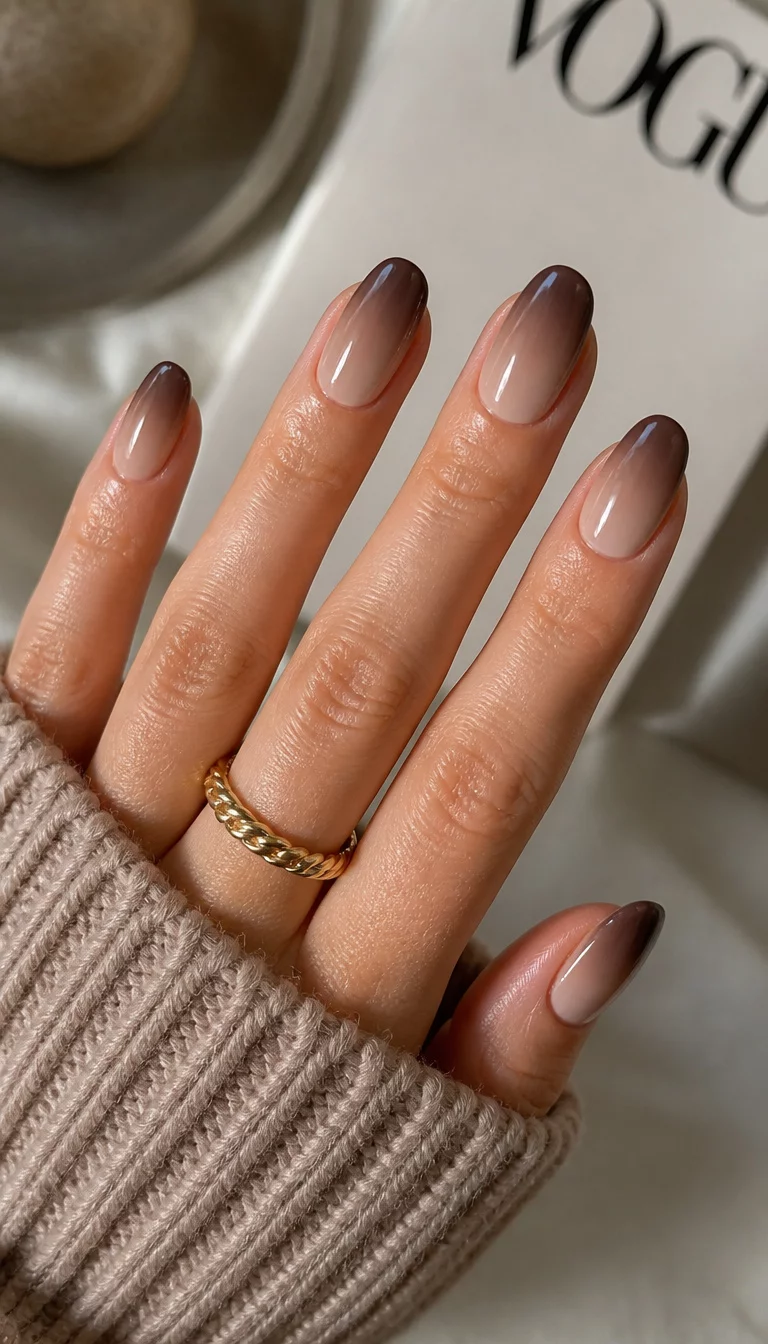 Classic Dark Tip Beige Gradient close-up shot of a woman’s hand with five fingers showing oval nails with a subtle ombre gradient from a dark brown tip to a lighter beige base, aesthetic fashion background.